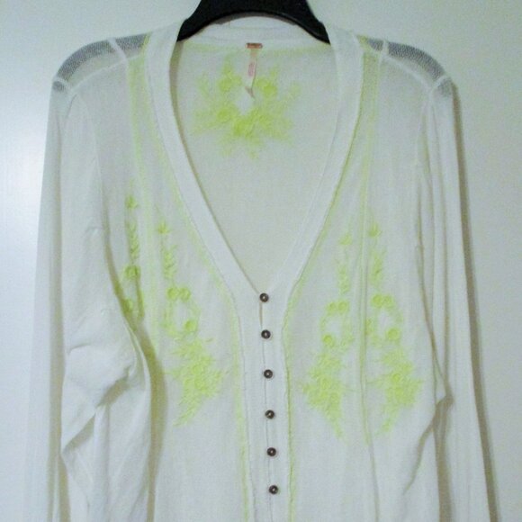 Free People Margie Oversized Balloon Sleeve Embroidered Sheer Mesh Cardigan Top - Picture 1 of 5